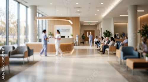 Modern hospital waiting room filled with blurred patients and medical staff in soft bright natural light