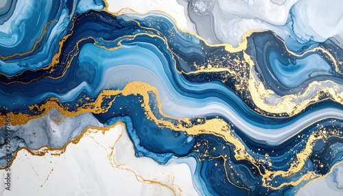 Elegant liquid marble texture with flowing blue and grey waves accented by sparkling gold glitter for luxury interior design and background