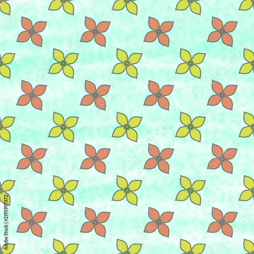 Hand drawn seamless pattern with colorful abstract flowers on light blue background