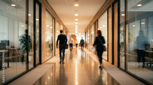Blurred business professionals walking down a modern brightly lit office corridor with reflective floor surfaces