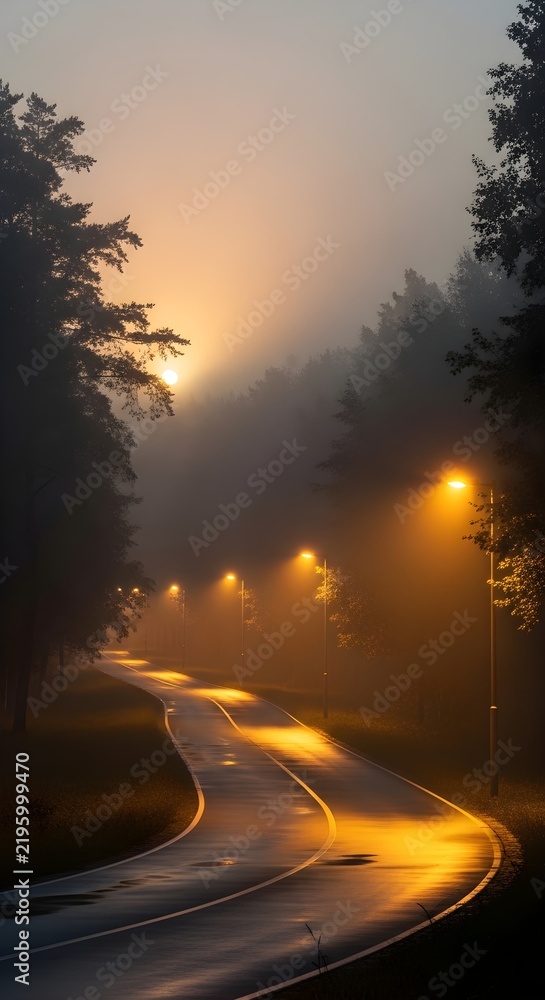 Obraz premium Curved empty road surrounded by trees with glowing street lights in morning fog, cinematic nature background for travel, journey, mystery, peaceful landscape, and creative projects