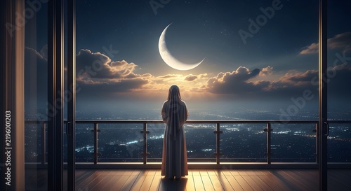 Woman Standing Alone on Balcony Looking at Crescent Moon Night Sky, Peaceful Islamic Spiritual Reflection Concept for Ramadan, Meditation, Hope, Freedom, and Emotional Lifestyle Background