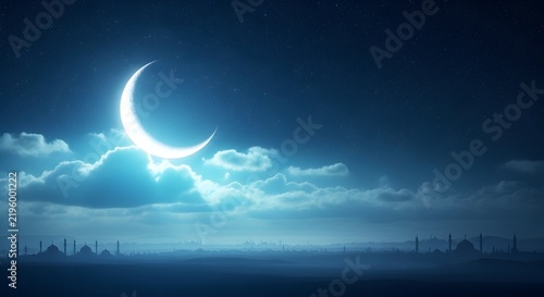 Beautiful Crescent Moon Shining Above Cloudy Night Sky with Calm Ocean Horizon, Islamic Spiritual Background for Ramadan Kareem, Muslim Celebration, Prayer, Religious Design, and Peaceful Atmosphere
