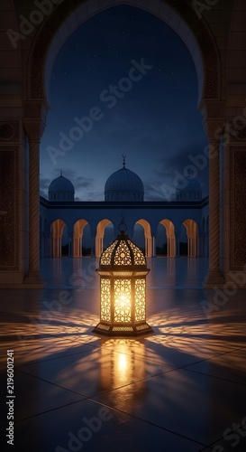 Elegant Islamic Courtyard Interior with Glowing Lantern and Mosque View at Night, Peaceful Ramadan Atmosphere for Prayer, Spiritual Reflection, Religious Celebration, and Cultural Background Design