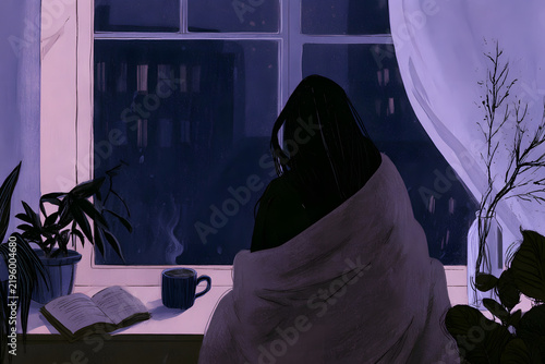 Naklejka 一人で過ごす女性の夜時間 窓辺でくつろぐ静かな自分時間のイラスト