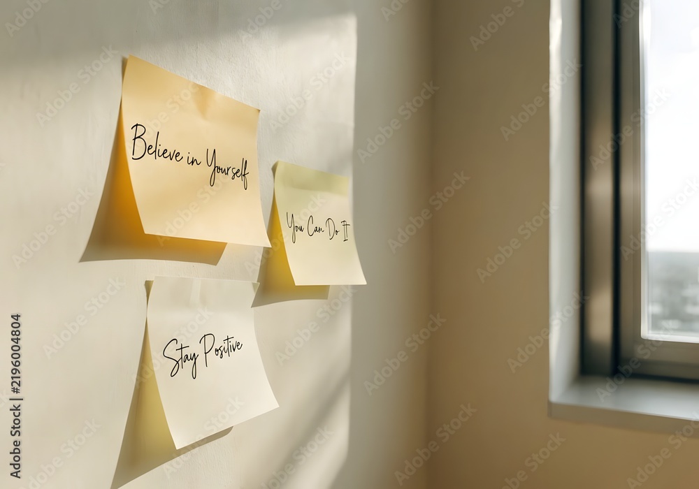 Fototapeta premium Three motivational sticky notes adhered to a lightcolored wall with inspiring handwritten messages about selfbelief and positivity