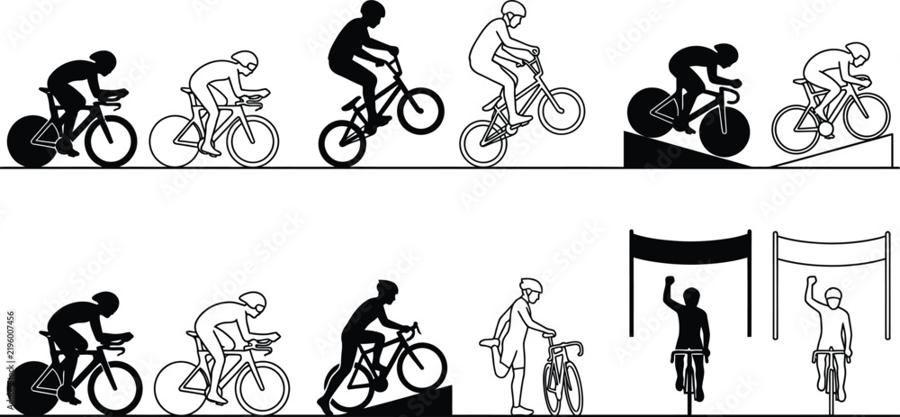 Obraz premium Cycling silhouette icons set, professional bicycle racing and bmx stunt vector elements, competitive road bike athlete and winner finish line graphics