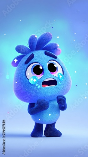 A cute blue cartoon character with big eyes appears worried and is surrounded by sparkles