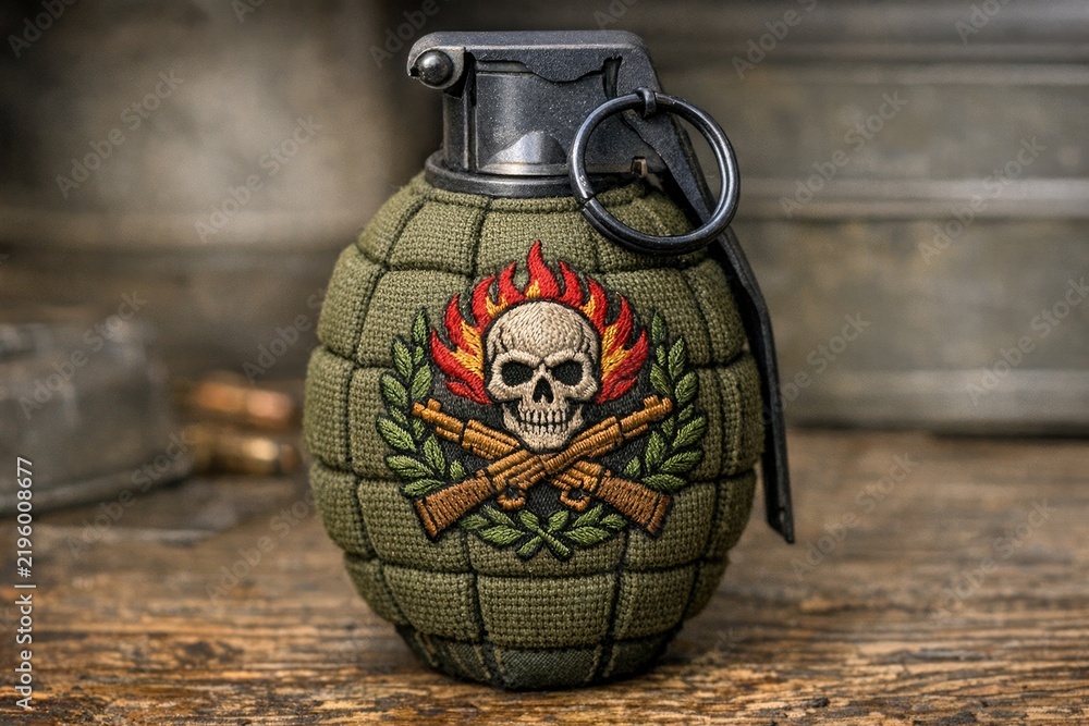 Obraz premium A green grenade with a skull and crossed guns, perfect for military or conflict-themed projects