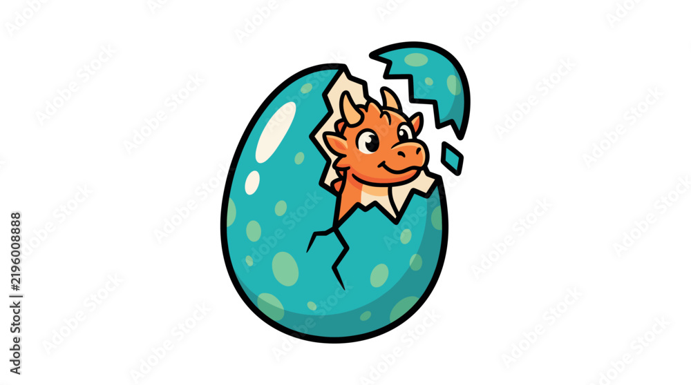 Fototapeta premium A vector illustration of an adorable orange baby dragon hatching from a cracked blue speckled egg. Perfect for fantasy designs, children's books, or mascot logos with a playful mood.