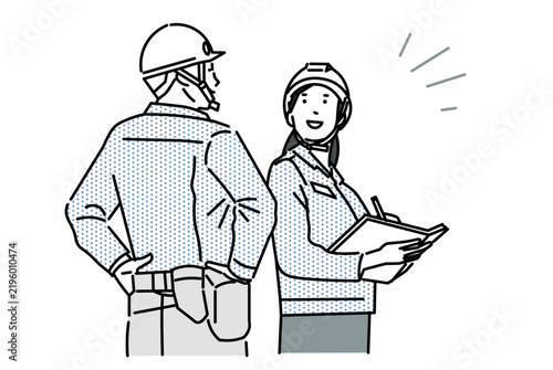 SNSヘルメットを被った男女の作業員イラスト（現場での打合せ・指導・会話・点検）
