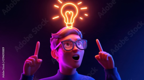 A vibrant 3D character with glasses gestures joyfully, showcasing a glowing light bulb above