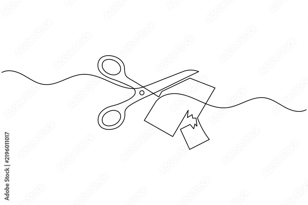 Obraz premium Scissors cutting paper sheet one line art continuous line drawing minimalist craft project tool outline vector illustration