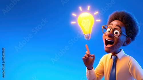 A cheerful young man in glasses is excitedly holding a glowing light bulb above his head