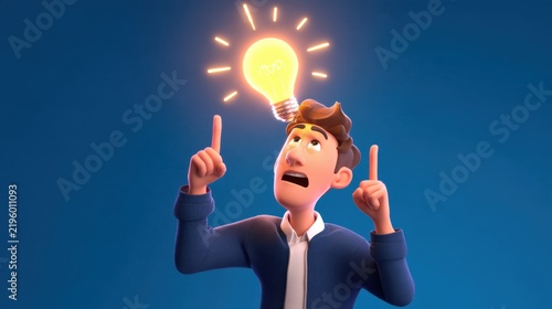 A young man with a surprised expression points upwards at a glowing lightbulb above his head
