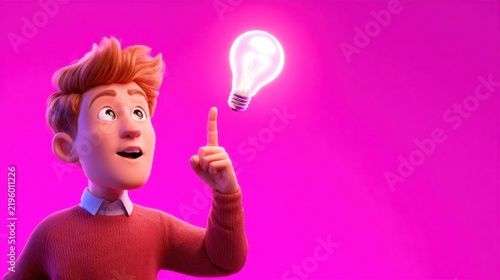 A cheerful young character with a light bulb above his head, set against a vibrant pink background