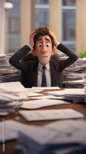 An overwhelmed man in a suit surrounded by towering piles of paperwork in an office