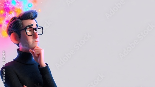 A contemplative figure in a dark sweater with colorful abstract ideas floating above his head