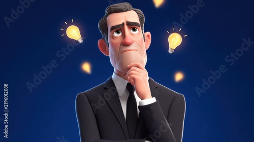 A contemplative man in formal attire stands against a blue background with light bulbs above him
