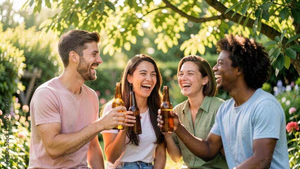 Obraz premium diverse young friends laughing enjoying beer in sun dappled lush garden summer afternoon lifestyle photography