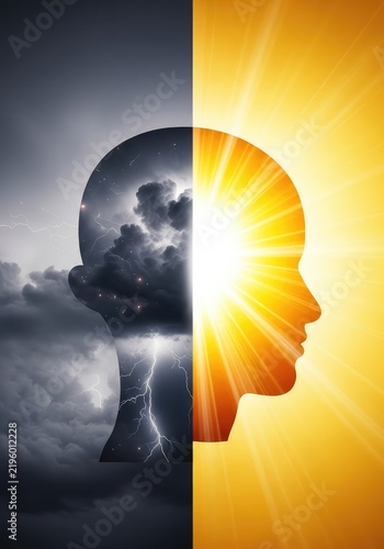 An abstract mind silhouette split between stormy dark clouds and a bright radiant sun representing the intense swings of a bipolar mood disorder, split, neurological, unstable