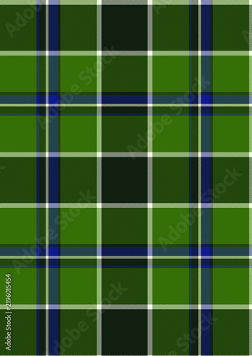 Seamless vector plaid pattern featuring a bold mix of forest green, dark green, blue, and white intersecting lines on a dark background.