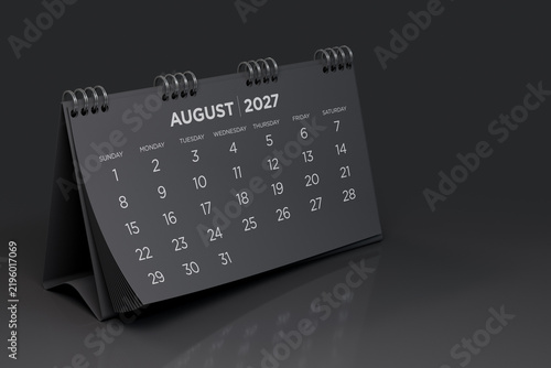 Black Spiral Desktop Calendar Showing August 2027 Month