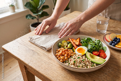 Person setting table next to a healthy grain bowl with egg and avocado