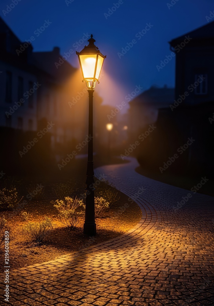 Obraz premium A classic vintage street lamp casts a warm golden glow over a quiet cobblestone path at night, creating soft shadows and a peaceful mood, black, path, luminosity