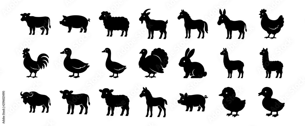 Obraz premium Farm animal silhouette icon set with cow, pig, sheep, goat, horse, donkey, chicken, duck, turkey, rabbit, llama, and calf on transparent background