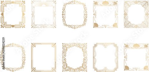 Set of Golden Ornate Frames: A collection of ten exquisite, golden, ornate, vintage-style frames, each with intricate details and decorative flourishes.