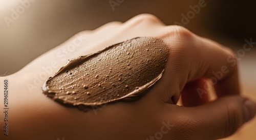 A close-up shot of a brown, creamy mud or clay mask smeared on the back of a person's hand, showcasing its texture.