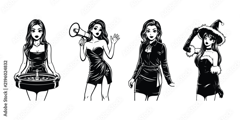 Fototapeta premium Set of four black and white hand drawn illustrations of beautiful women in different outfits and poses including a casino dealer and a witch.