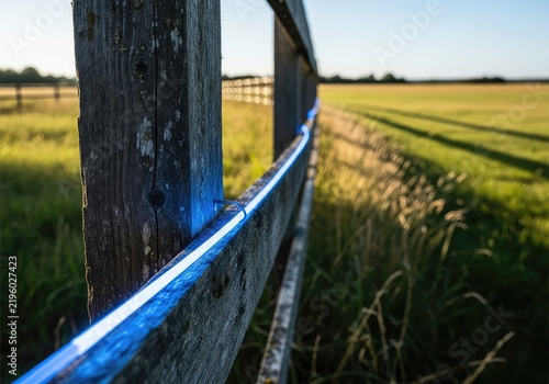 A high-speed fiber optic cable glowing with blue light next to a rustic wooden fence in a rural field, showing internet connectivity, remote, system, light