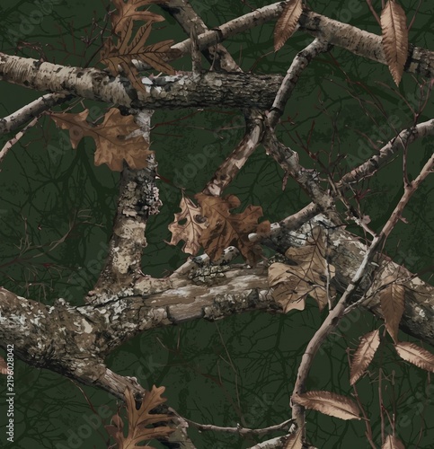 Realistic Forest Woodland Camouflage Seamless Pattern With Oak Leaves Branches