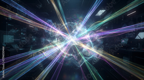Colorful light waves colliding as vibrant energy rays inside a dark digital technology laboratory