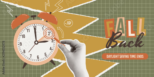 Fall Back Daylight Saving Time Ends in Europe October 2026, Retro Collage Banner with Vintage Alarm Clock