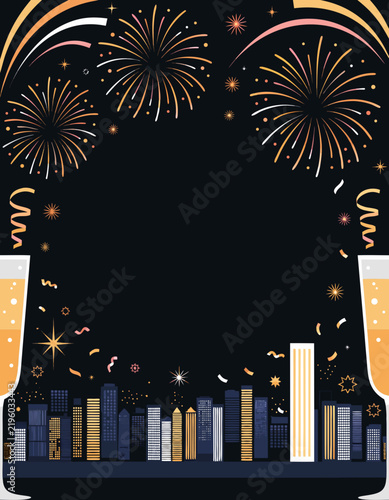 Elegant New Year Fireworks Celebration City Skyline