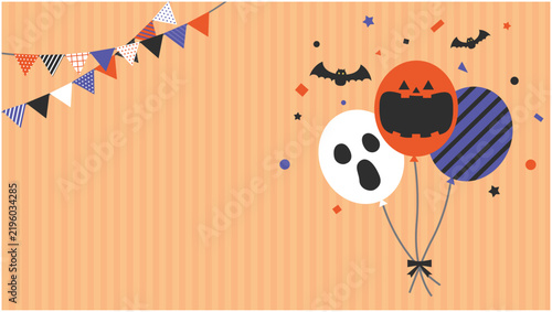 かわいいハロウィンの風船のベクターオレンジ背景イラスト素材【文字なし】【横長】