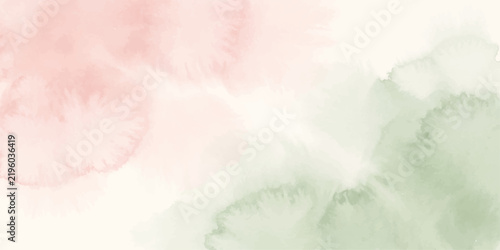 Abstract watercolor splashes in soft pink and sage green hues blend gently on a textured paper background, creating a serene and artistic composition.