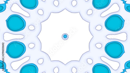 A mesmerizing continuous pattern loop featuring a radiant white flower-like shape surrounded by intricate geometric patterns in soft blue and white