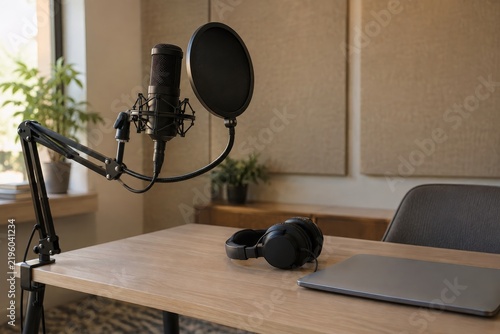 Microphone and headphones in a warm podcast studio