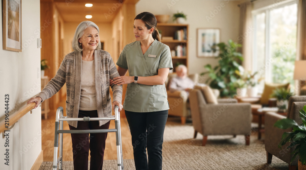 Fototapeta premium Caregiver assisting elderly woman with walker in modern senior living hallway