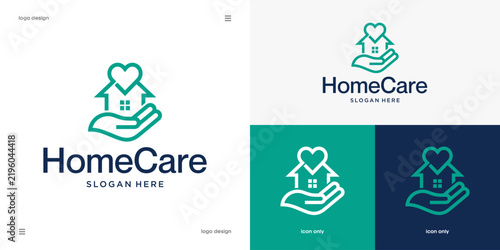 Home Care Logo Template with House, Hand and Heart Icon for Real Estate, Charity or Nursing Service