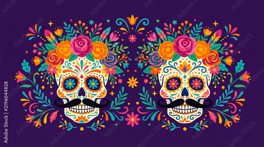 Fototapeta premium Colorful Day of the Dead skulls decorated with flowers and mustache