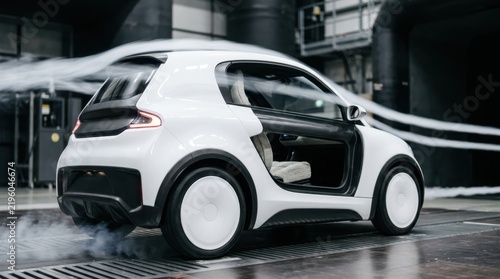 Compact electric microcar rear quarter view in wind tunnel with airflow smoke and carbon fiber panels