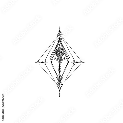 Geometric ornamental tattoo design, abstract diamond linework element on transparent background PNG