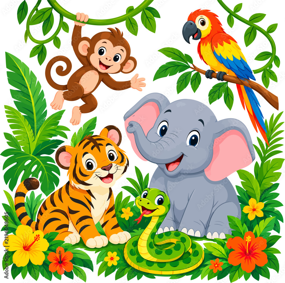 Fototapeta premium Jungle animals with foliage in a playful vector illustration for children's themes