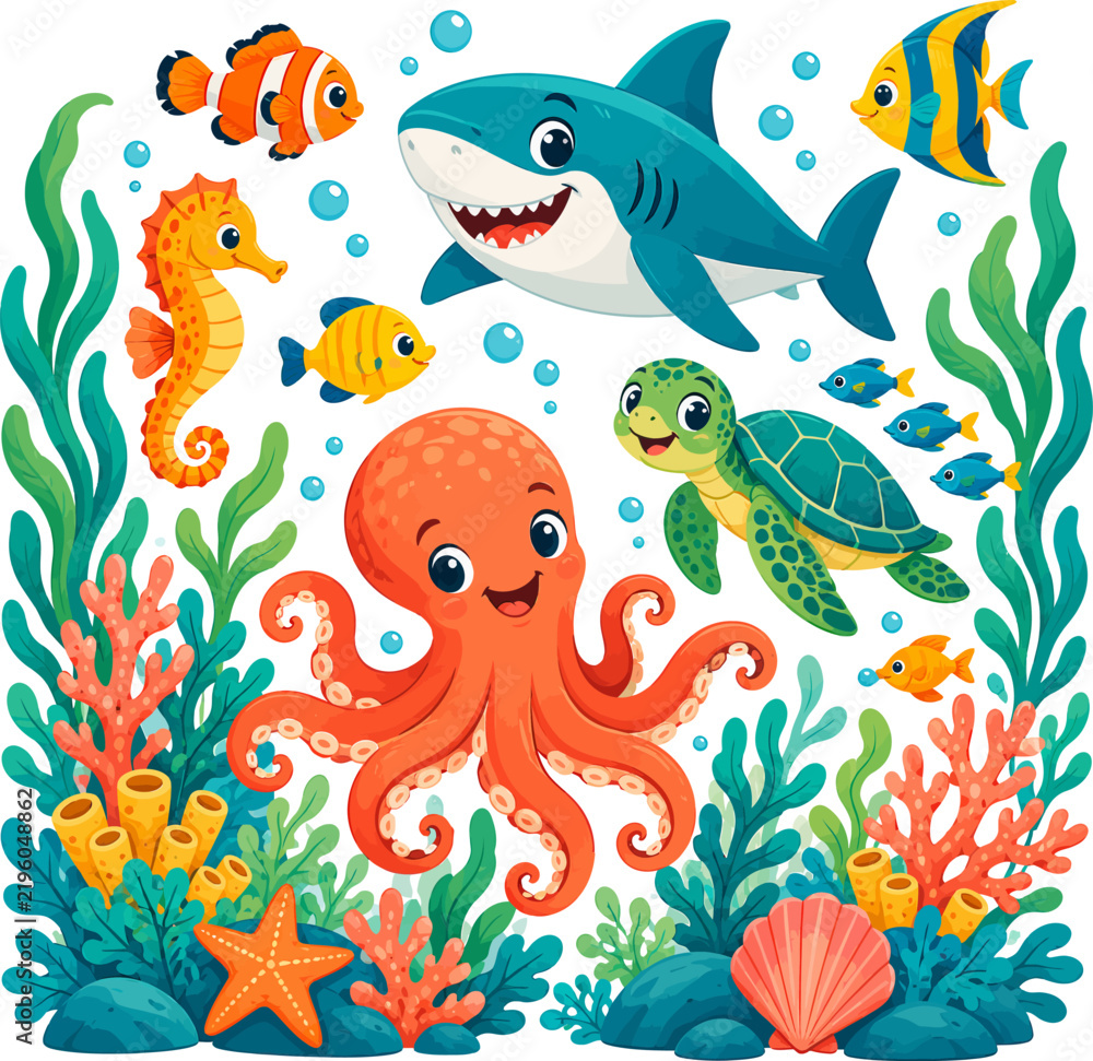 Fototapeta premium Whimsical ocean life with cheerful sea creatures and coral in vibrant colors a playful underwater scene for children's media vector illustration