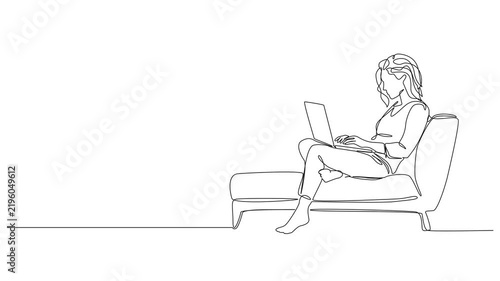 animated continuous line drawing of young woman sitting on comfortable armchair working on laptop at home, remote work and freelancing concept, line art animation
